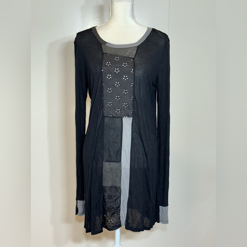 Women’s Johnny Was Boho Eyelet Shift Dress Tunic Black Gray 100% Modal Small